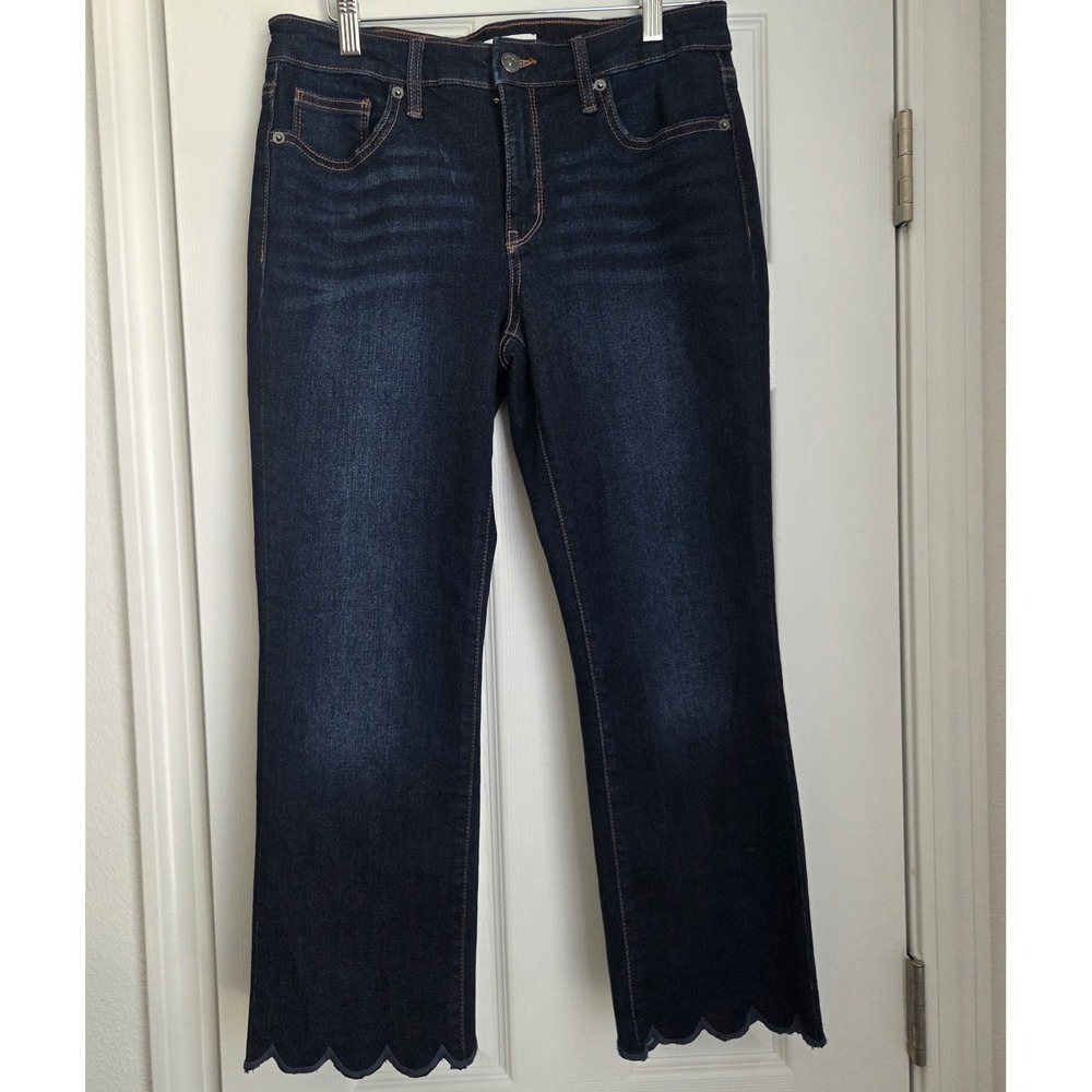 Crown & Ivy Mid Rise Demi Bootcut Jeans Womens 6P Dark Wash Scallop Hem Stretch